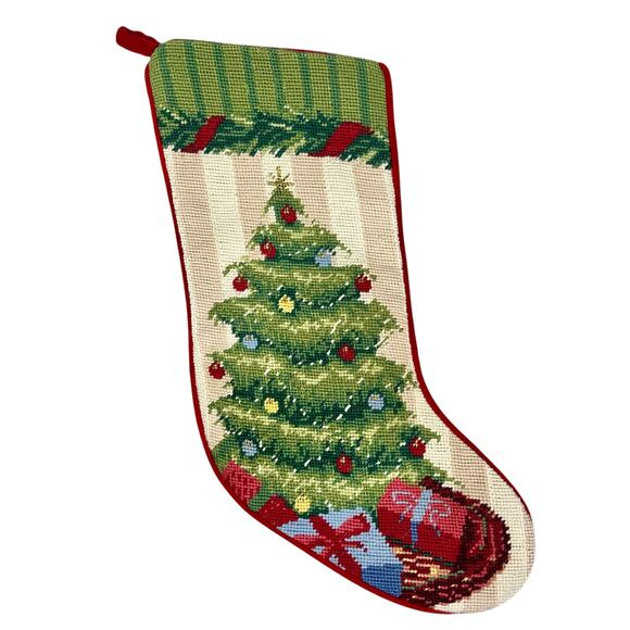 Lands’ End Needlepoint Christmas Stocking Wool Holiday Tree Red Velvet 18” - Picture 2 of 13